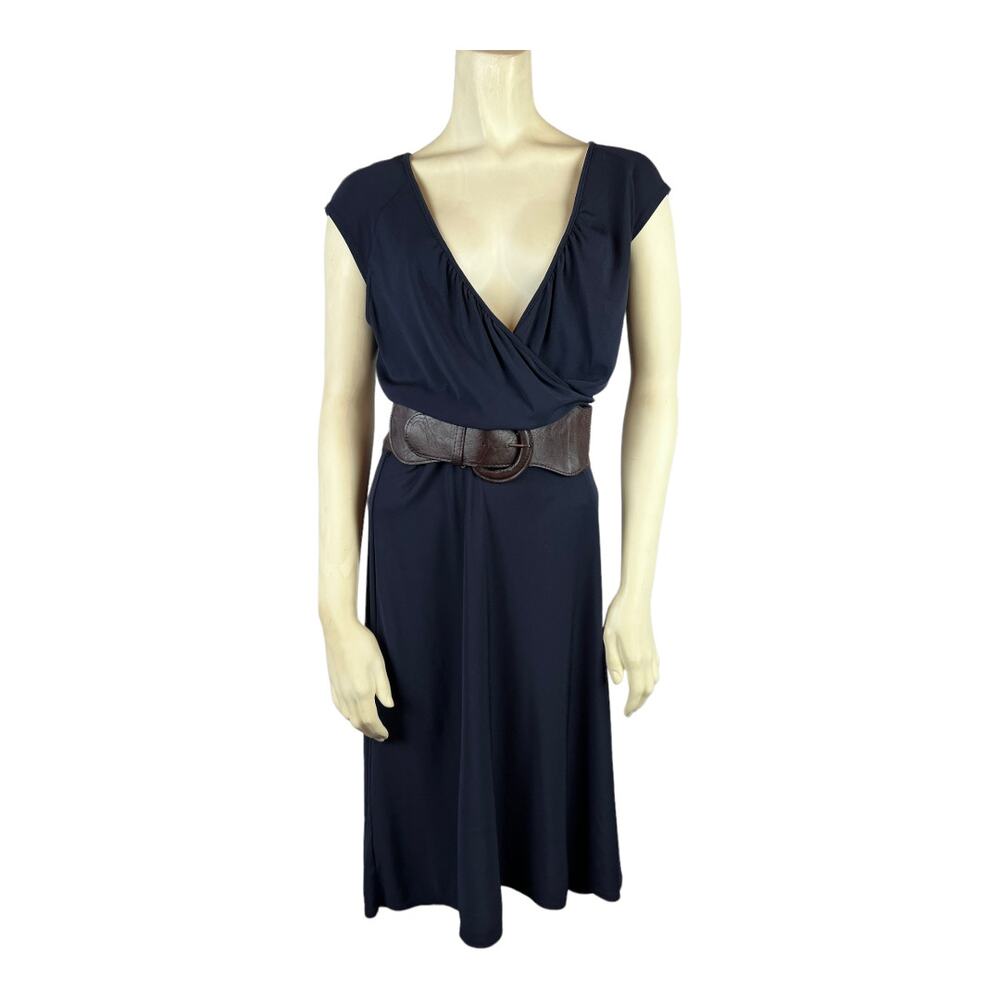 Ann Taylor Loft sz 10 Womens Navy Blue Rayon blend faux wrap dress - Picture 2 of 7